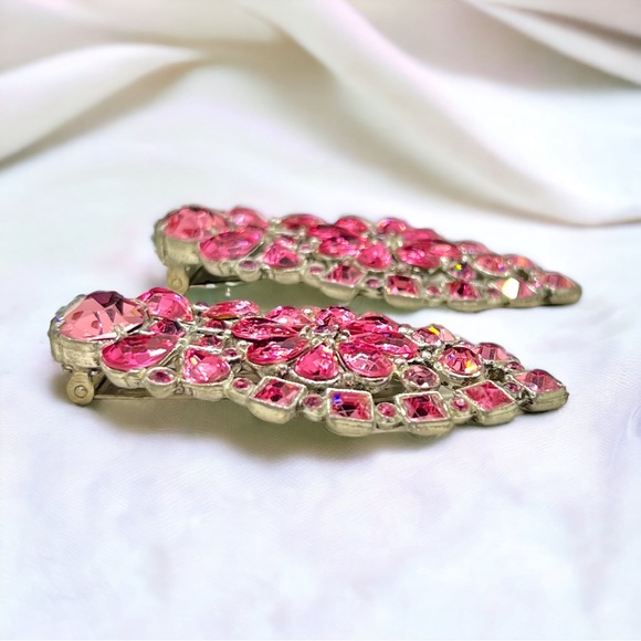 Stunning Vintage Art Deco Pink Paste Stone Floral Motif Dress Clips - Picture 4 of 8